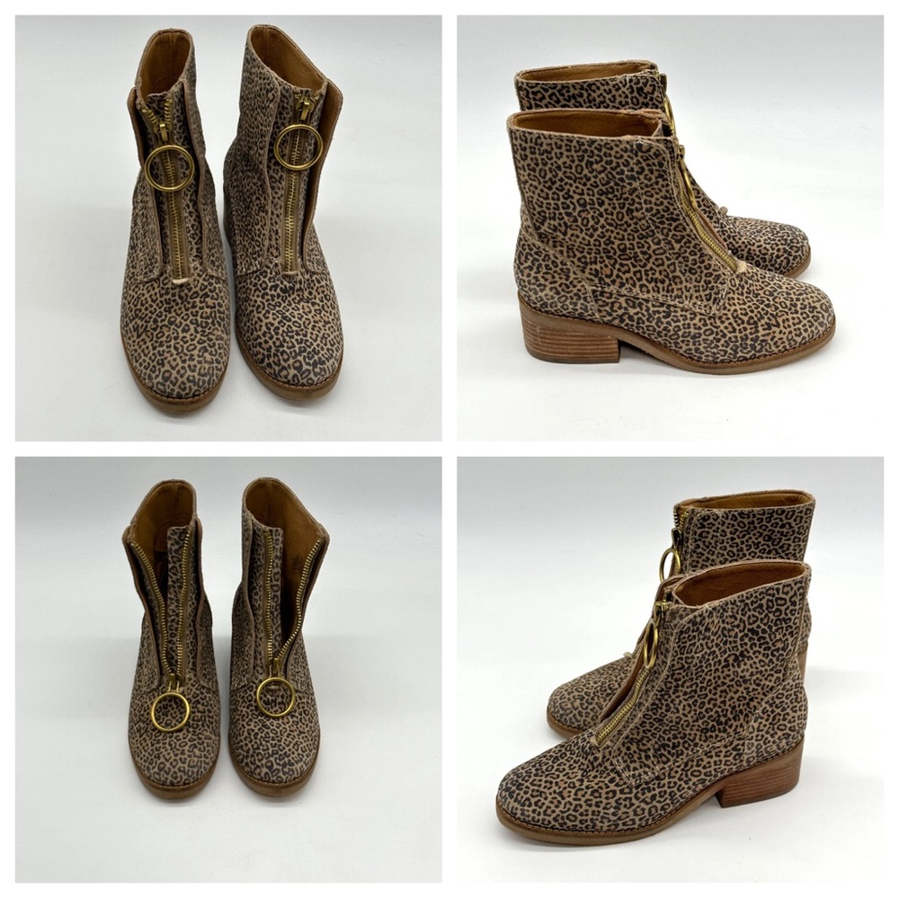 Lucky Brand Leopard Print Leather Ankle Boots Front Zip Ring Pull Booties 8.5